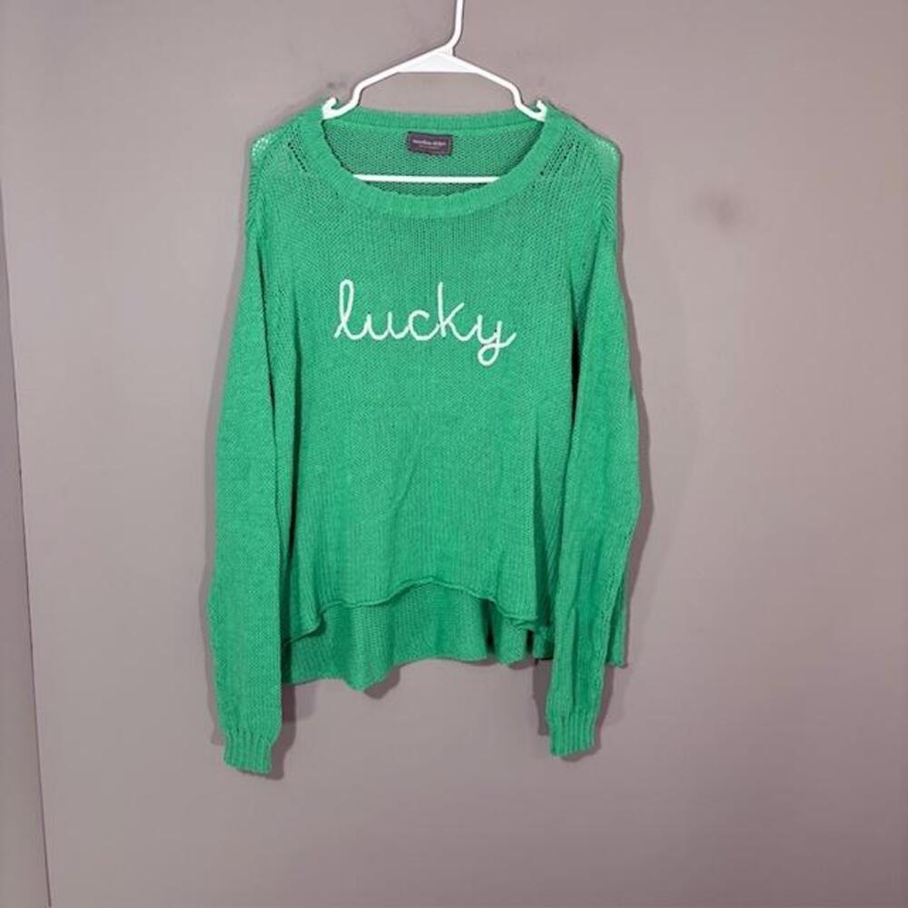 Wooden Ships Sweater Womens S/M Green Cotton Acrylic Lucky Crewneck Knit